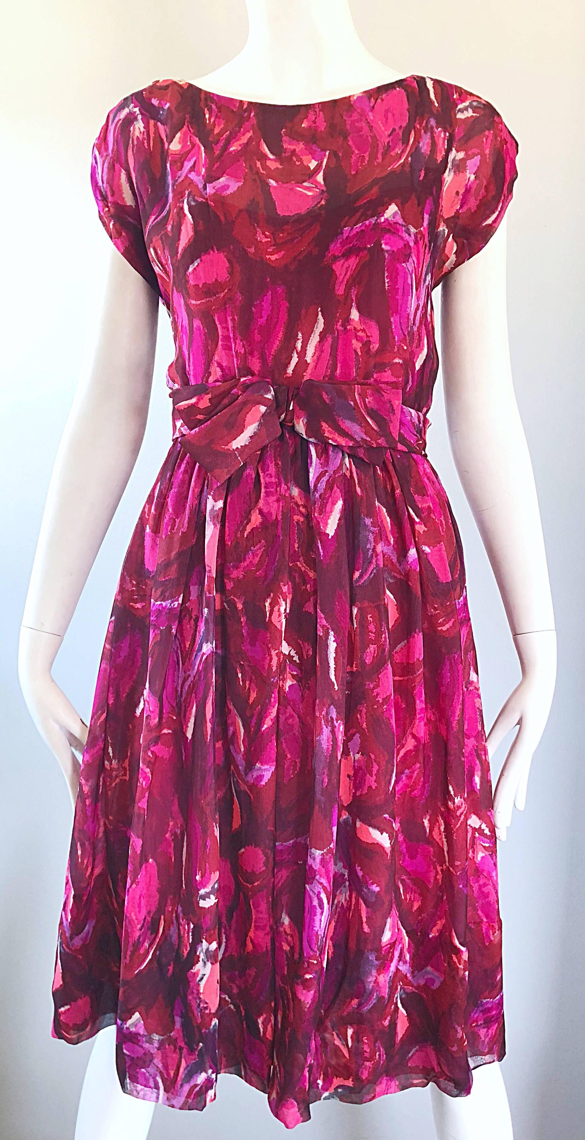 1950s Werle of Beverly Hills Demi Couture Pink + Fuchsia Silk Chiffon 50s Dress For Sale 3