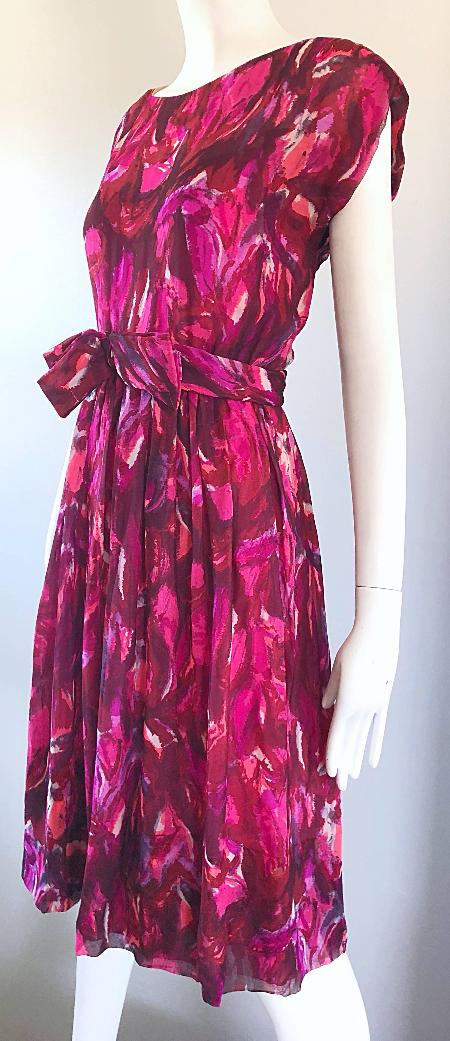 1950s Werle of Beverly Hills Demi Couture Pink + Fuchsia Silk Chiffon 50s Dress For Sale 5