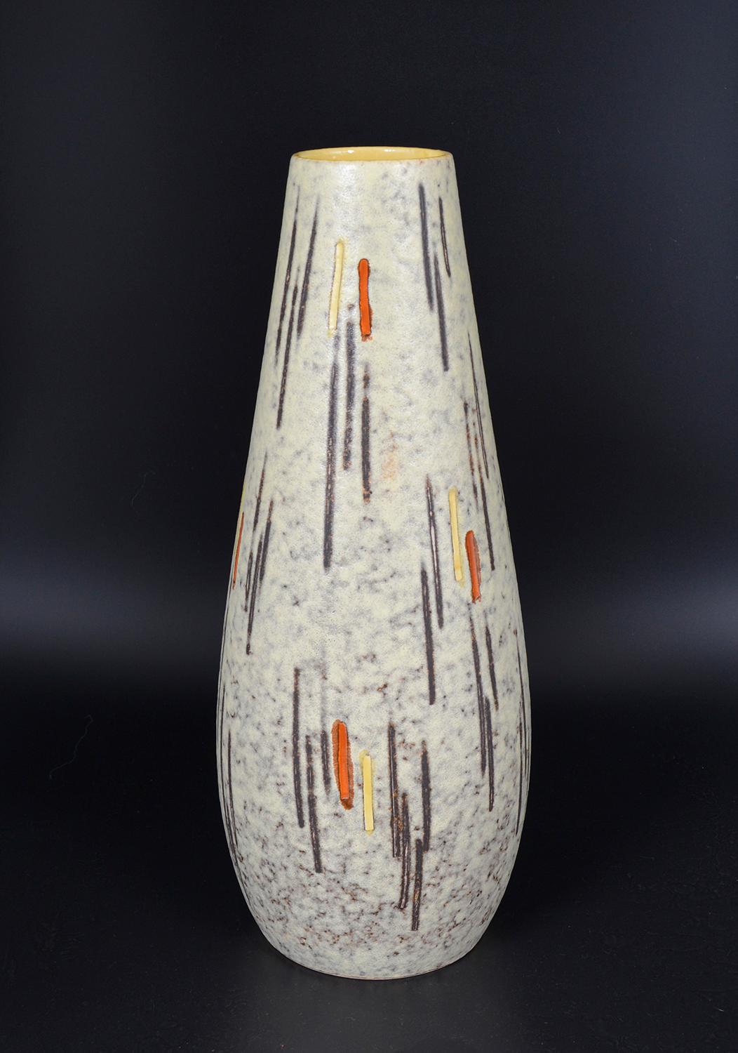 Large 1950s Scheurich pottery vase in mottled creamy/white lava finish, hand painted with black, orange and yellow stripes, with a yellow slip inside the vase. Two stickers: Scheurich and Handgemalt (handpainted) in good condition, with no chips or