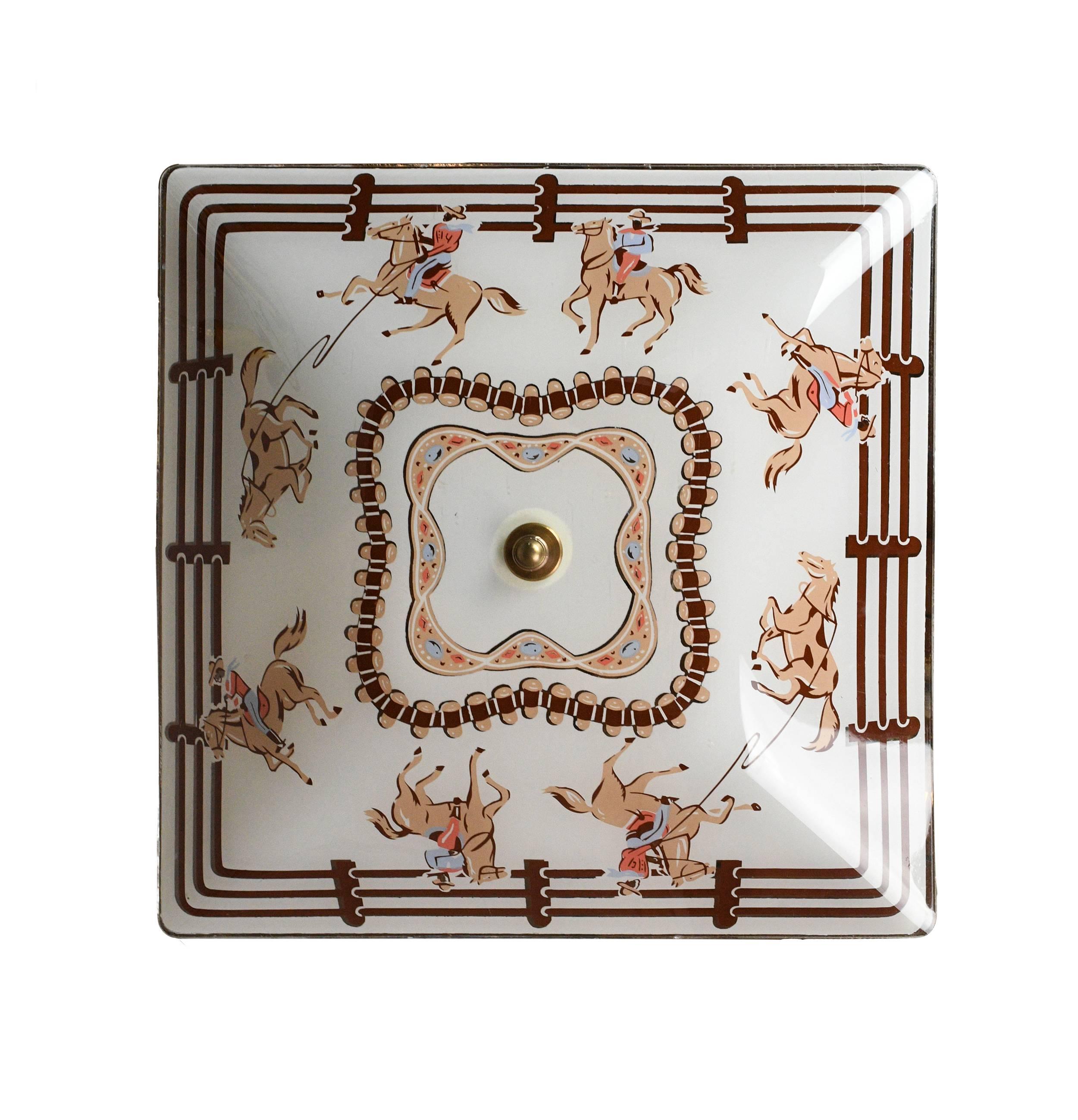 This low profile flush mount is very lovely. The square glass is painted with fences alongside western cowboy figures and horses. Behind the glass shade, there are two light bulbs, which will provide adequate lighting for your space. It’s not a