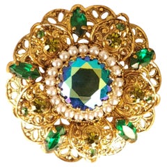 1950s Western Germany Gold-Tone Filigree Brooch with Green Rhinestones and Faux 1950s Western Germany Gold-Tone Filigree Brooch with Green Rhinestones and Faux