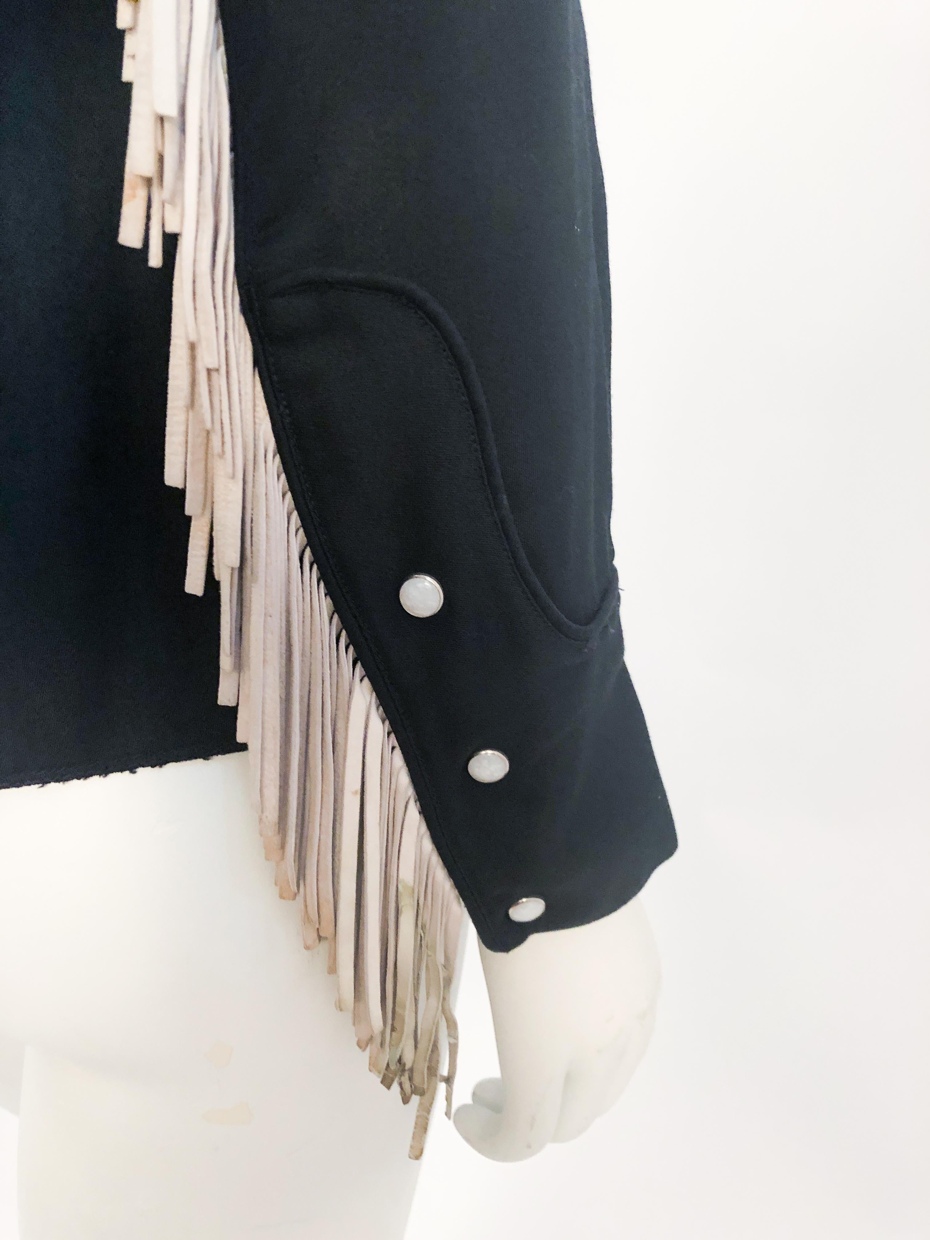 Black 1950s Western Shirt with Cream Leather Appliqué and Fringe