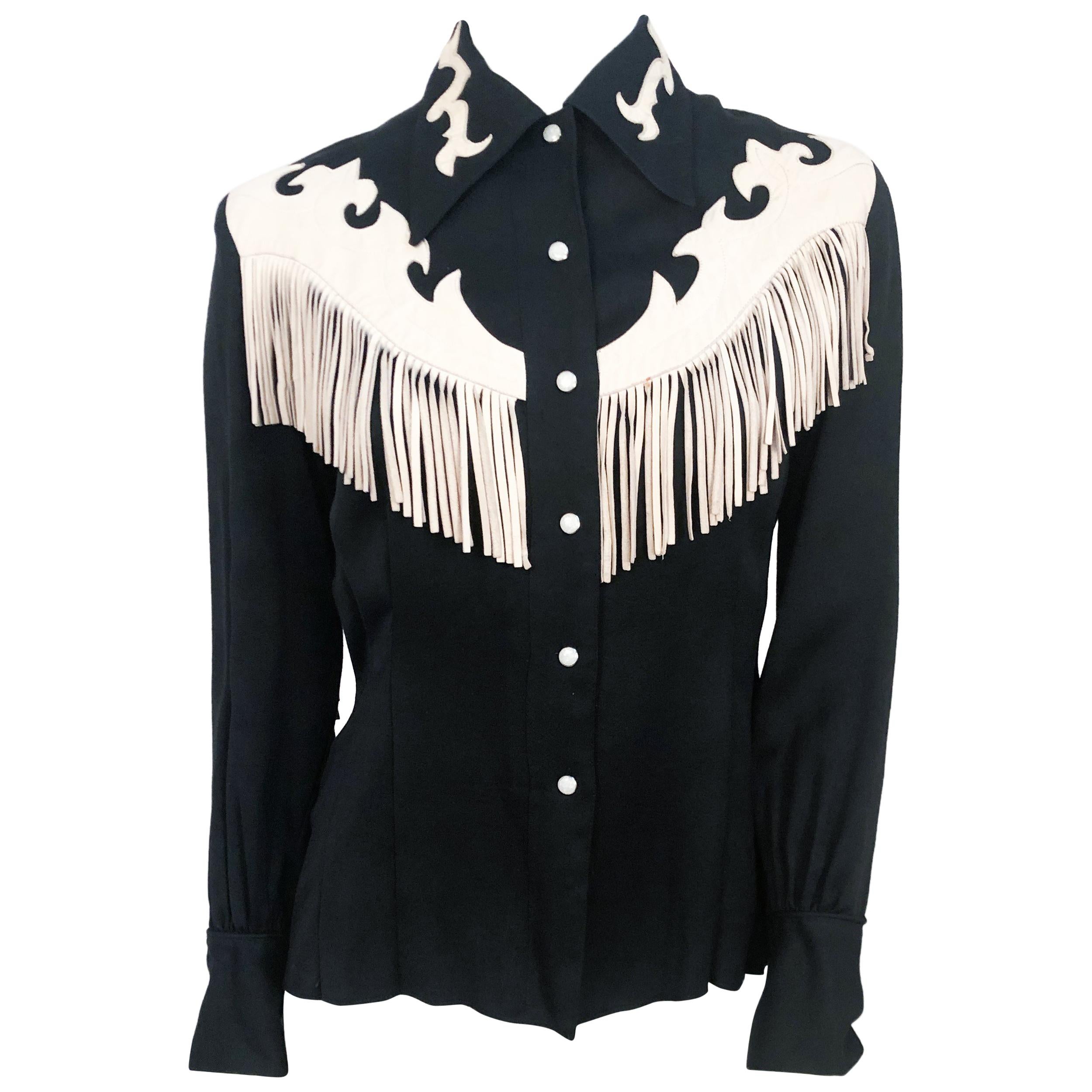 1950s Western Shirt with Cream Leather Appliqué and Fringe