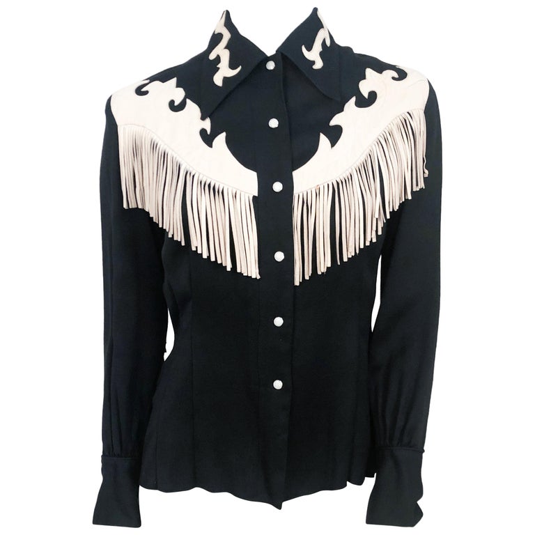 1950s Western Shirt with Cream Leather Appliqué and Fringe at 1stDibs