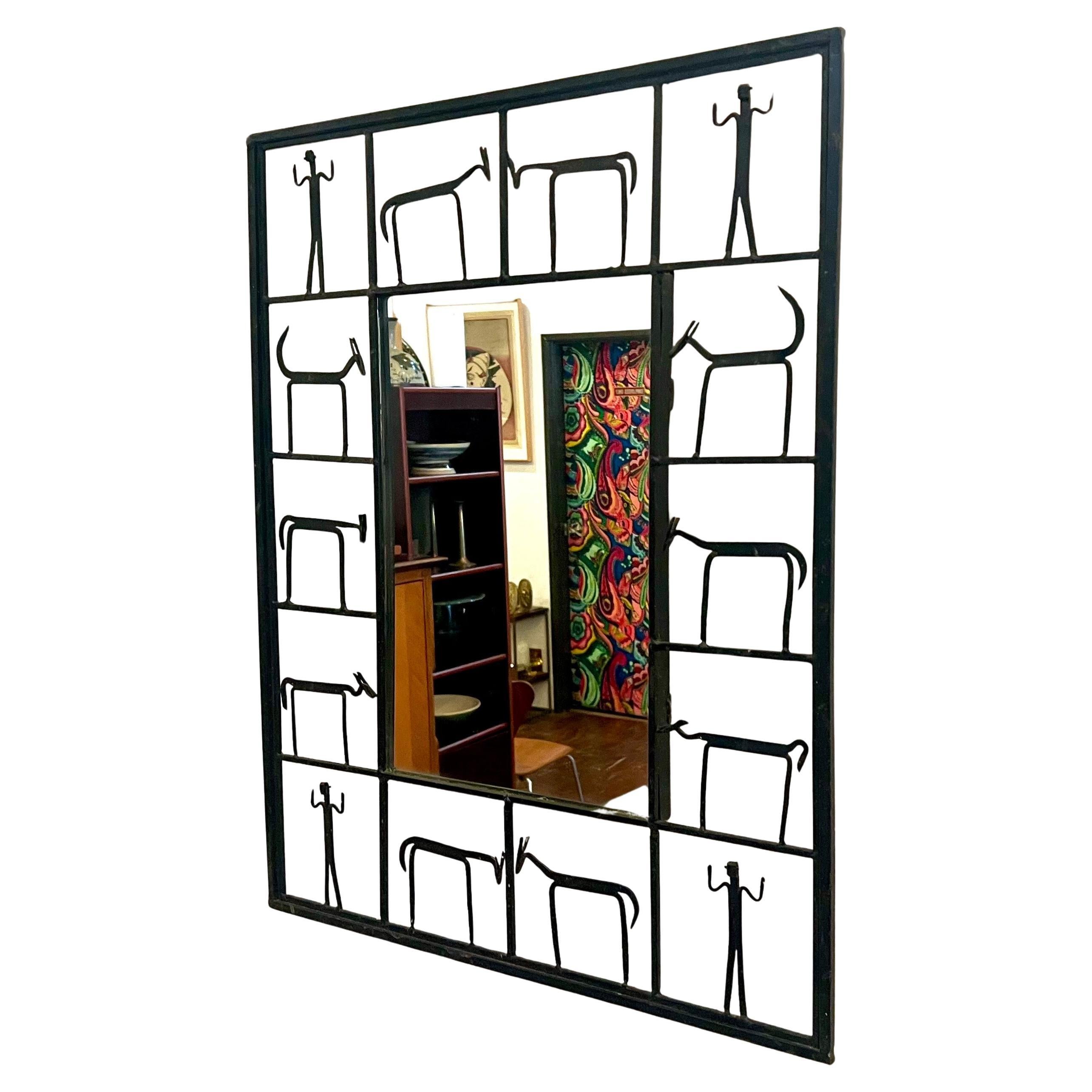 Mid-Century Modern 1950's Whimsical Frederic Weinberg Iron Frame Butalist wall Mirror For Sale