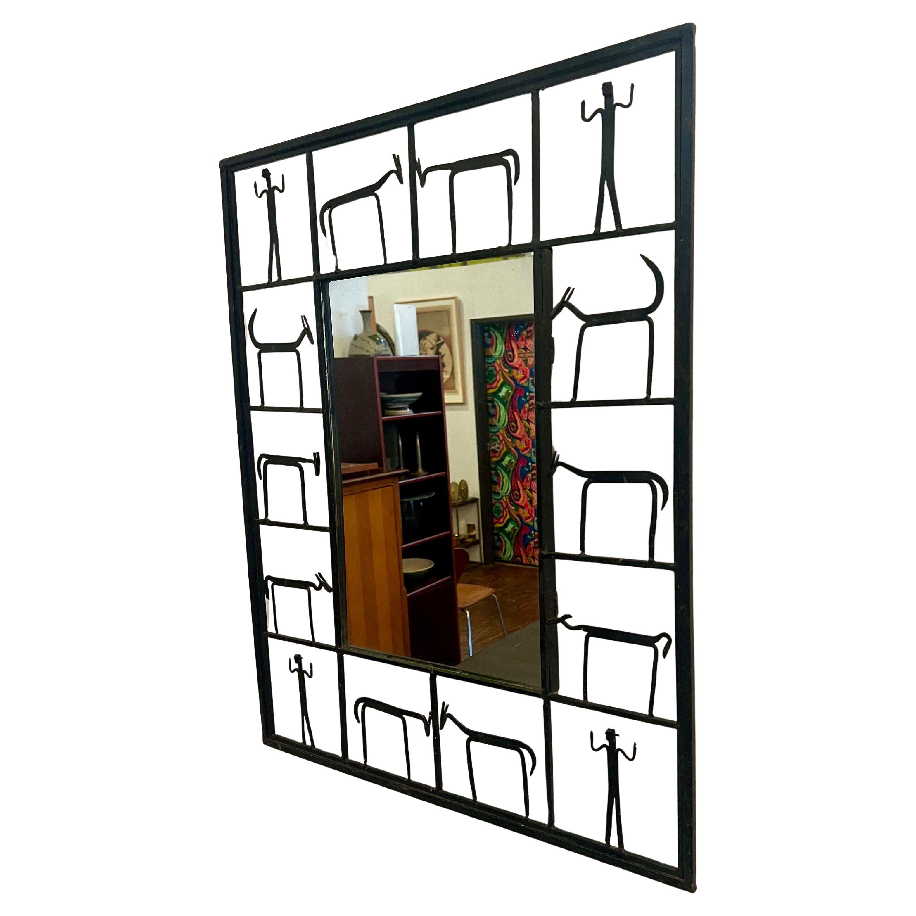 American 1950's Whimsical Frederic Weinberg Iron Frame Butalist wall Mirror For Sale