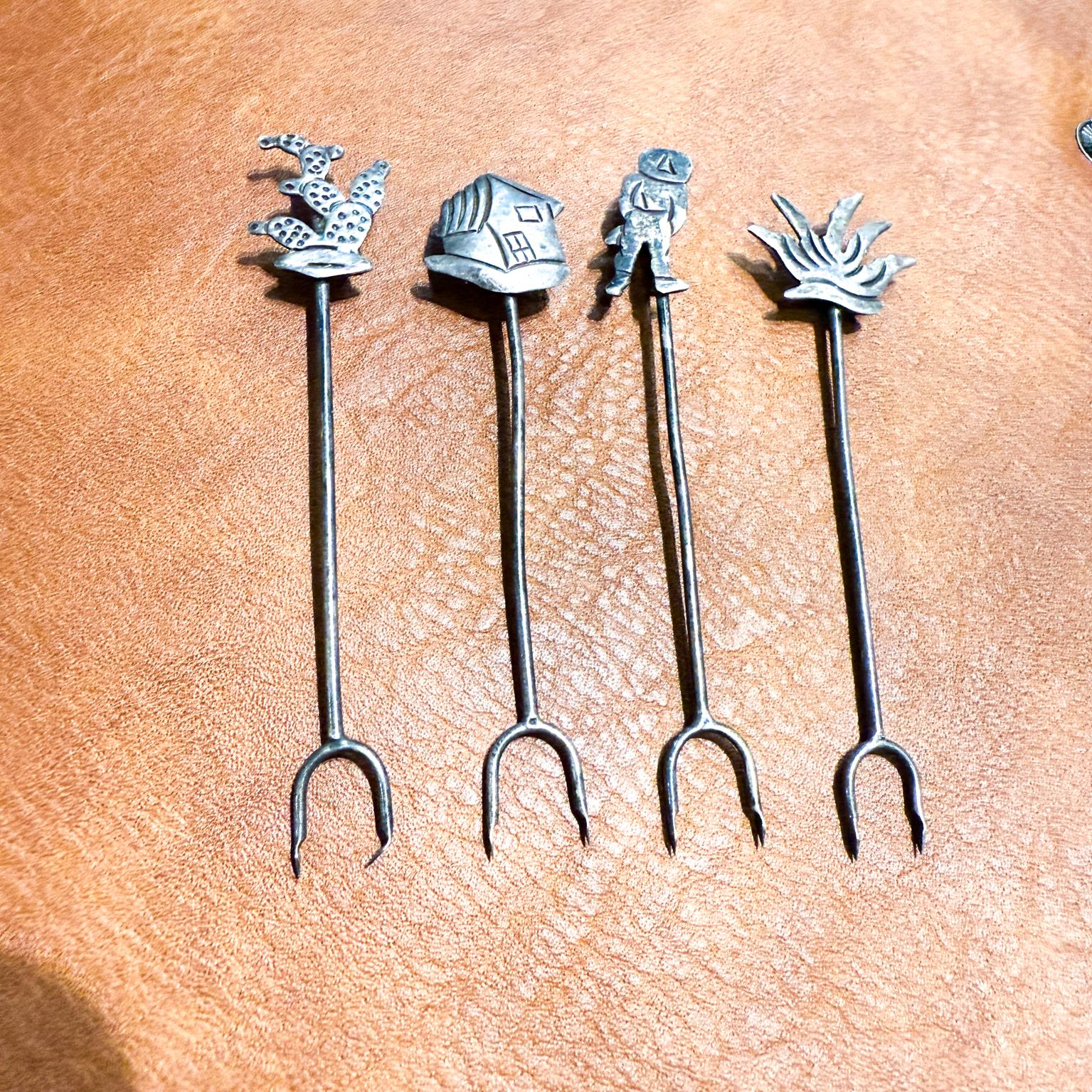 Mid-Century Modern 1950s Whimsical Sterling Silver Cocktail Forks Mexico For Sale