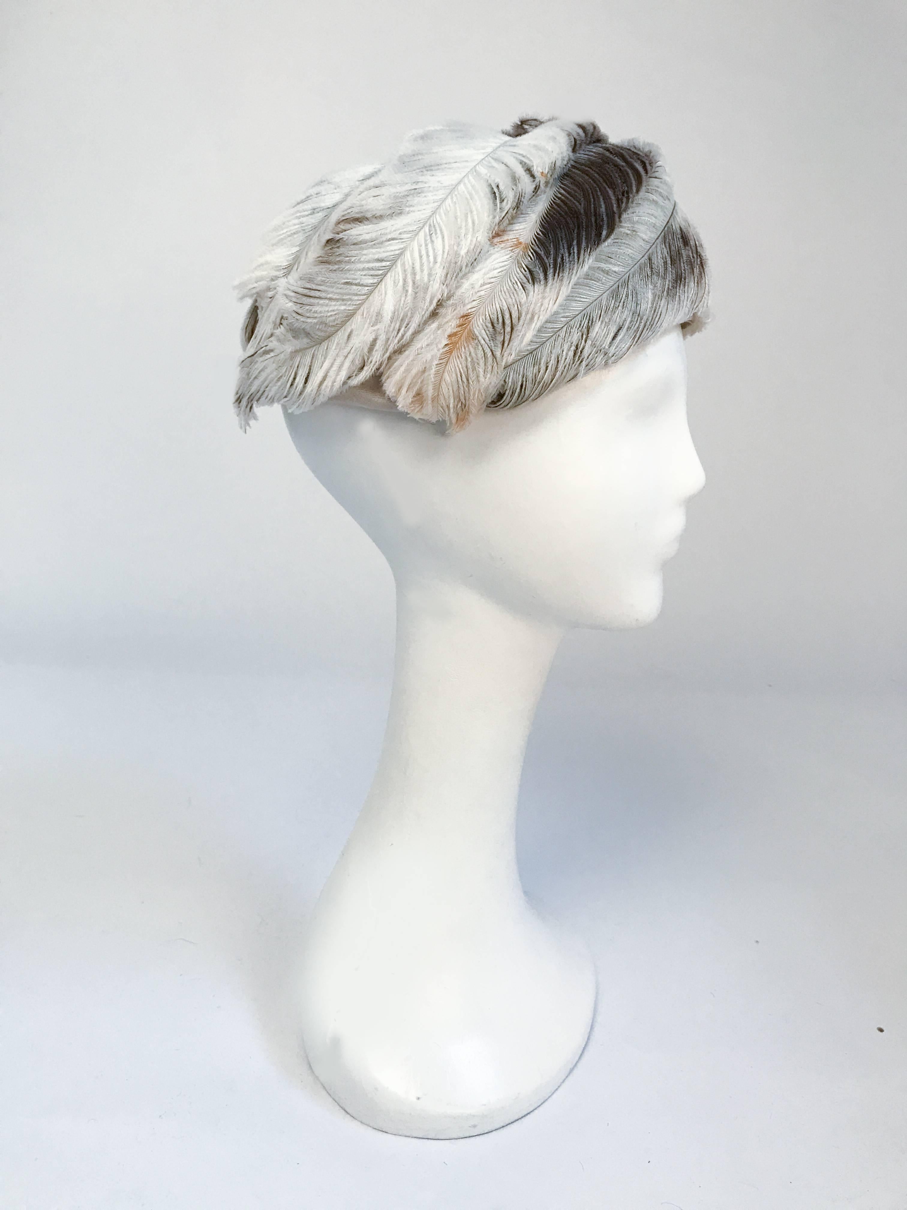 1950's White and Brown Feather Hat. White and brown marabou feather hat with round structure. 