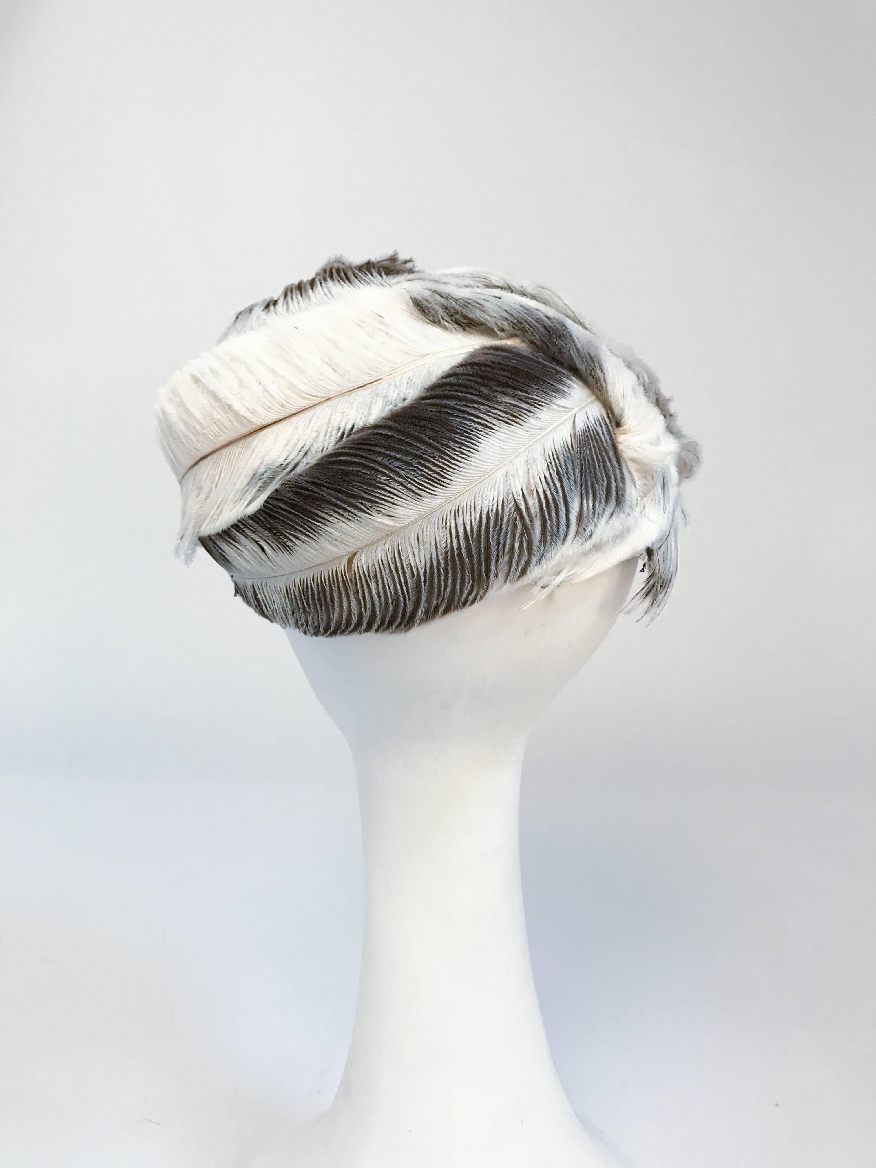 Gray 1950's White and Brown Feather Hat For Sale