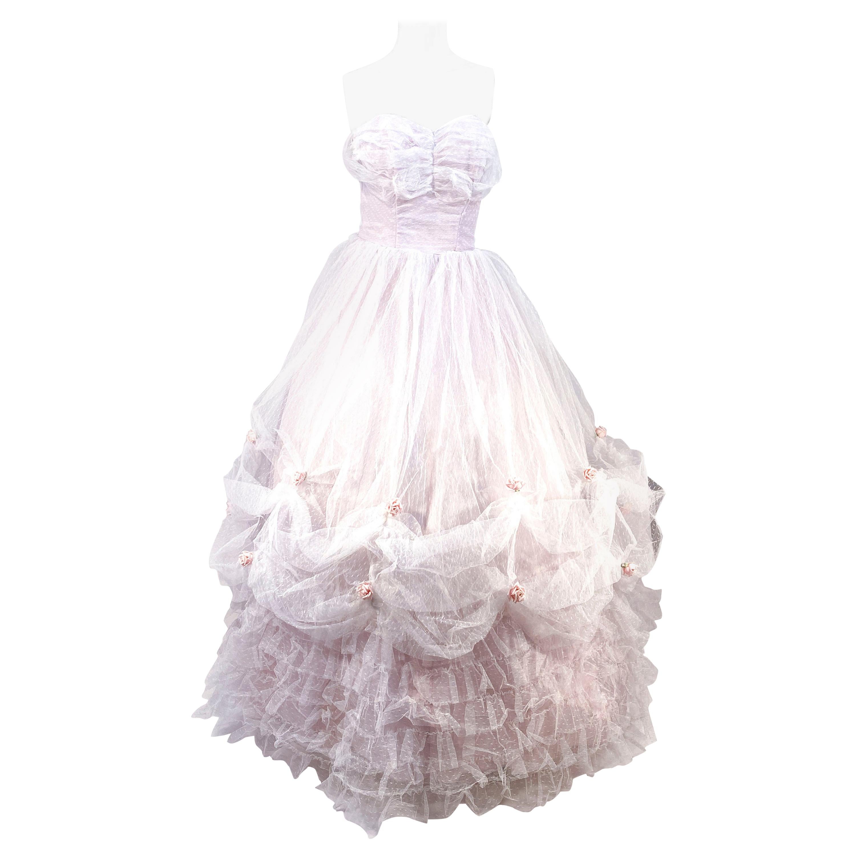 1950s White and Lavender Party Dress/Ball Gown