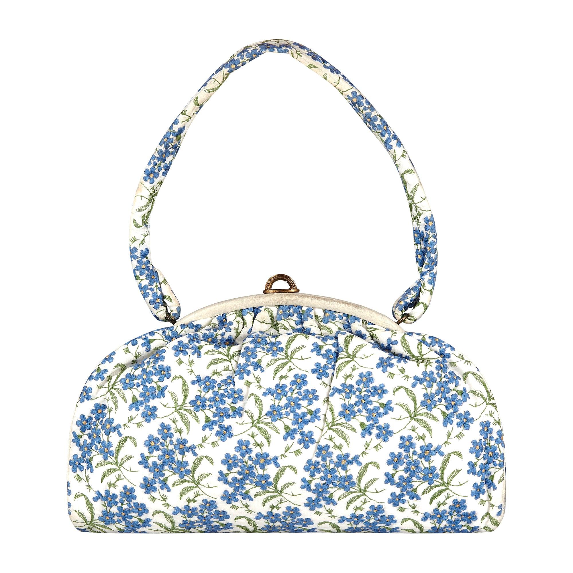 Gray 1950s White Bag with Forget-Me-Not Flowers and Matching Gloves For Sale