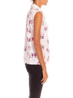 1950S White & Blue Cotton Nautical Print Top