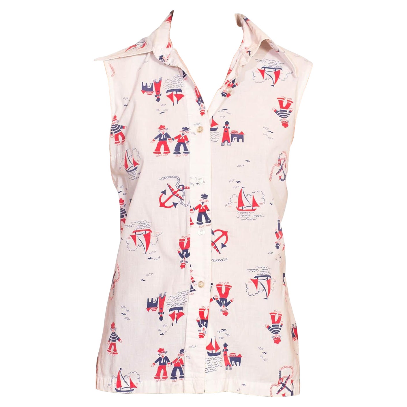 Top con stampa nautica in cotone bianco e blu degli anni '50 in vendita