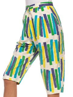 1950S White Blue & Green Cotton Geometric Print Clam Digger Pants