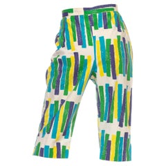 1950S White Blue & Green Cotton Geometric Print Clam Digger Pants