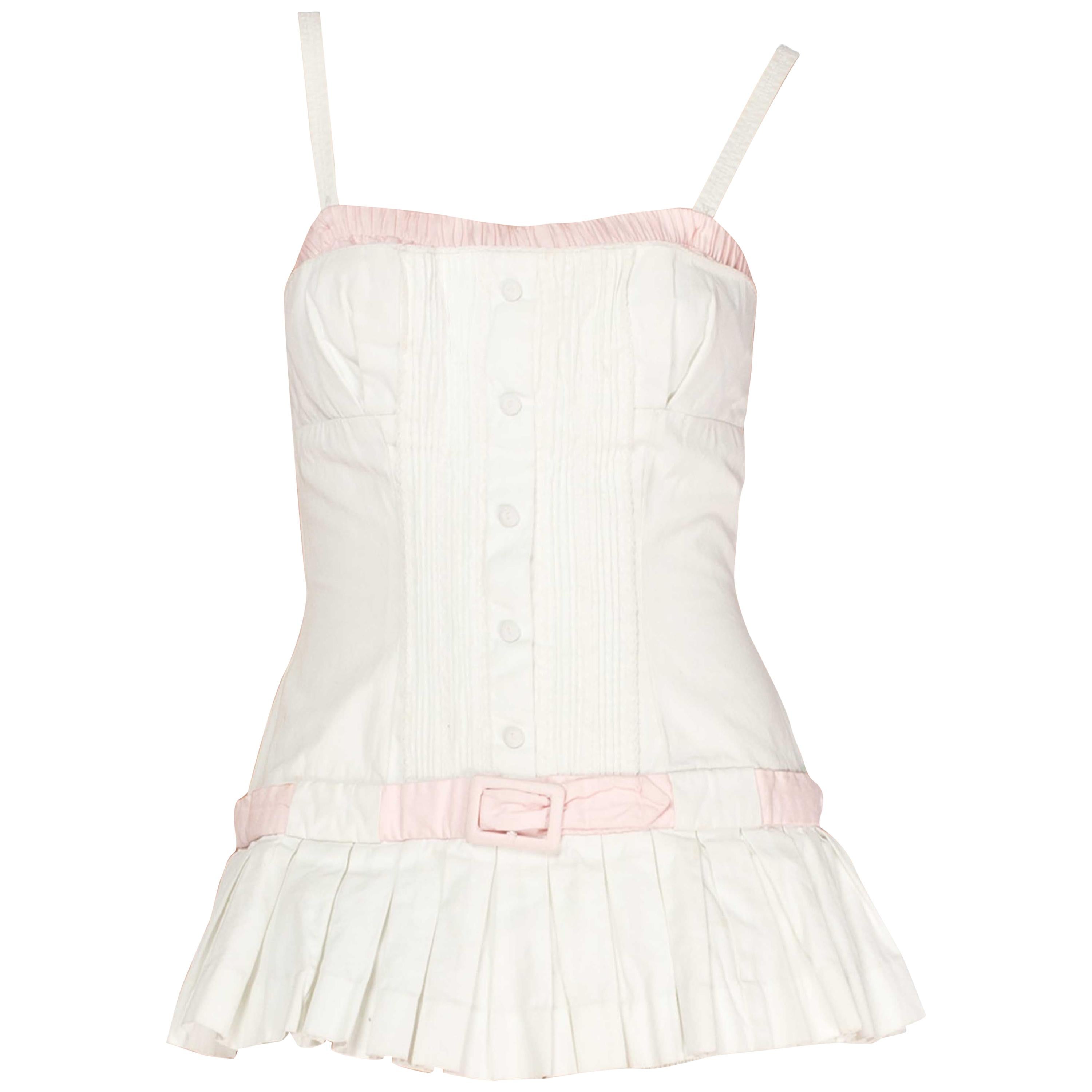 1950S White & Pink Cotton Boned Swimsuit Sunsuit With Skirt