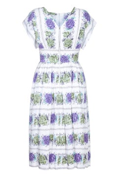 1950s White Cotton Floral Dress With Rose Print