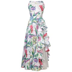 1950s White Cotton Organza Floral Dress