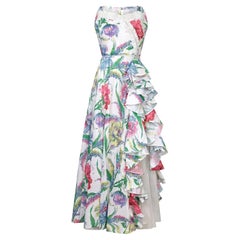 Abito floreale in organza di cotone bianco anni '50
