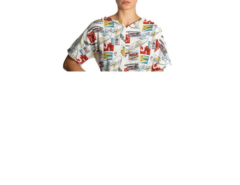 Bianco Camicia anni '50 in cotone bianco stile Rock A Billy con stampa di dischi novità in vendita