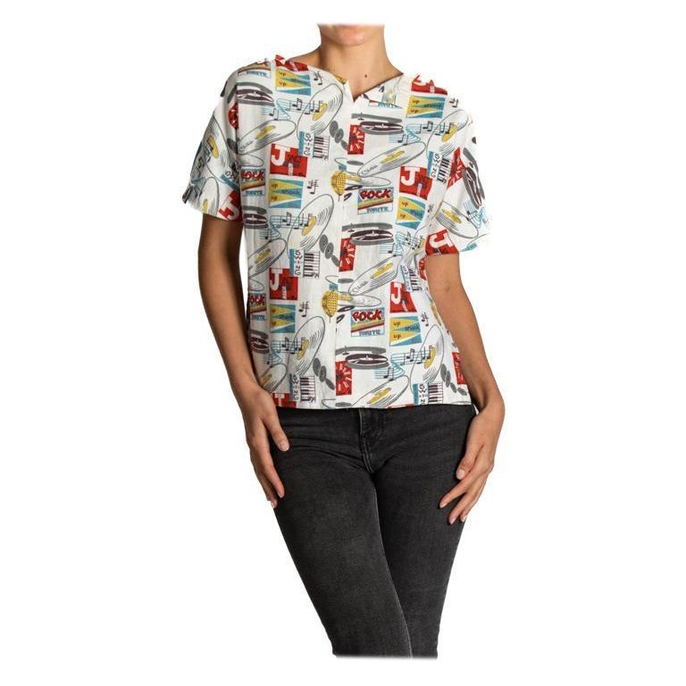 1950S White Cotton Rock A Billy Style With Novelty Records Print Shirt