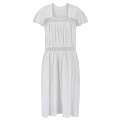 1950s White Cotton Smocked Dress with Tie Back