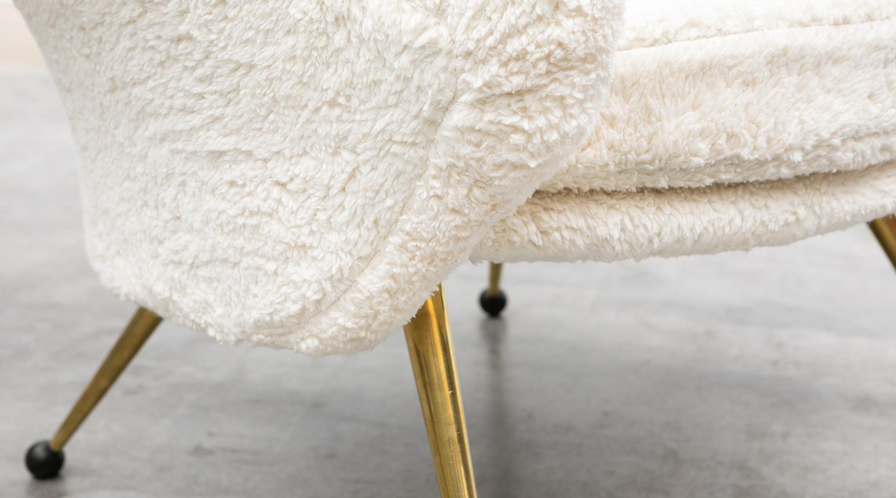 1950s White Faux Fur, Brass Legs Lounge Chairs by Marco Zanuso 7