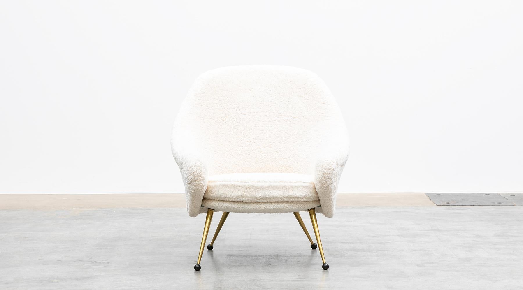 Mid-Century Modern 1950s White Faux Fur, Brass Legs Lounge Chairs by Marco Zanuso