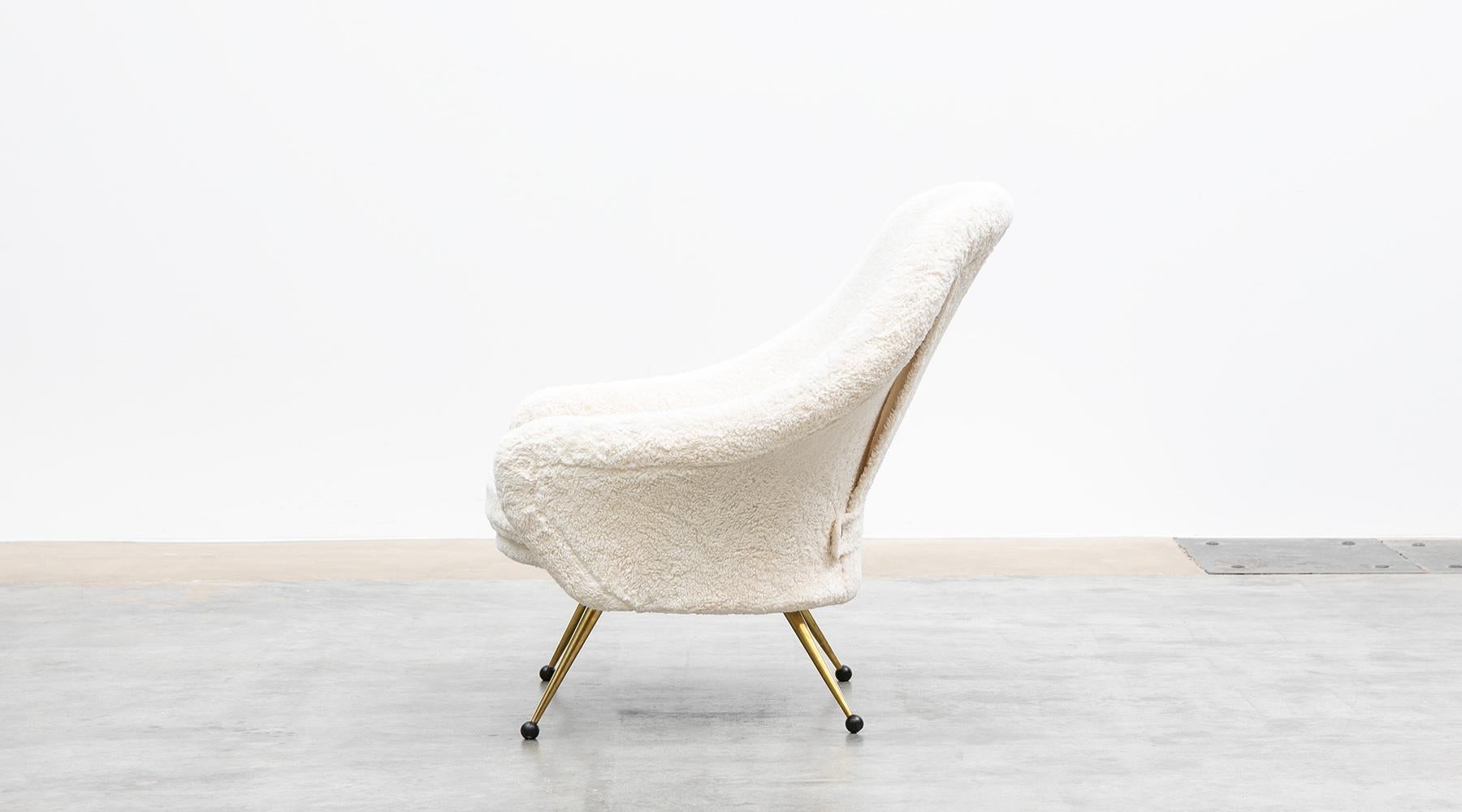 Mid-20th Century 1950s White Faux Fur, Brass Legs Lounge Chairs by Marco Zanuso