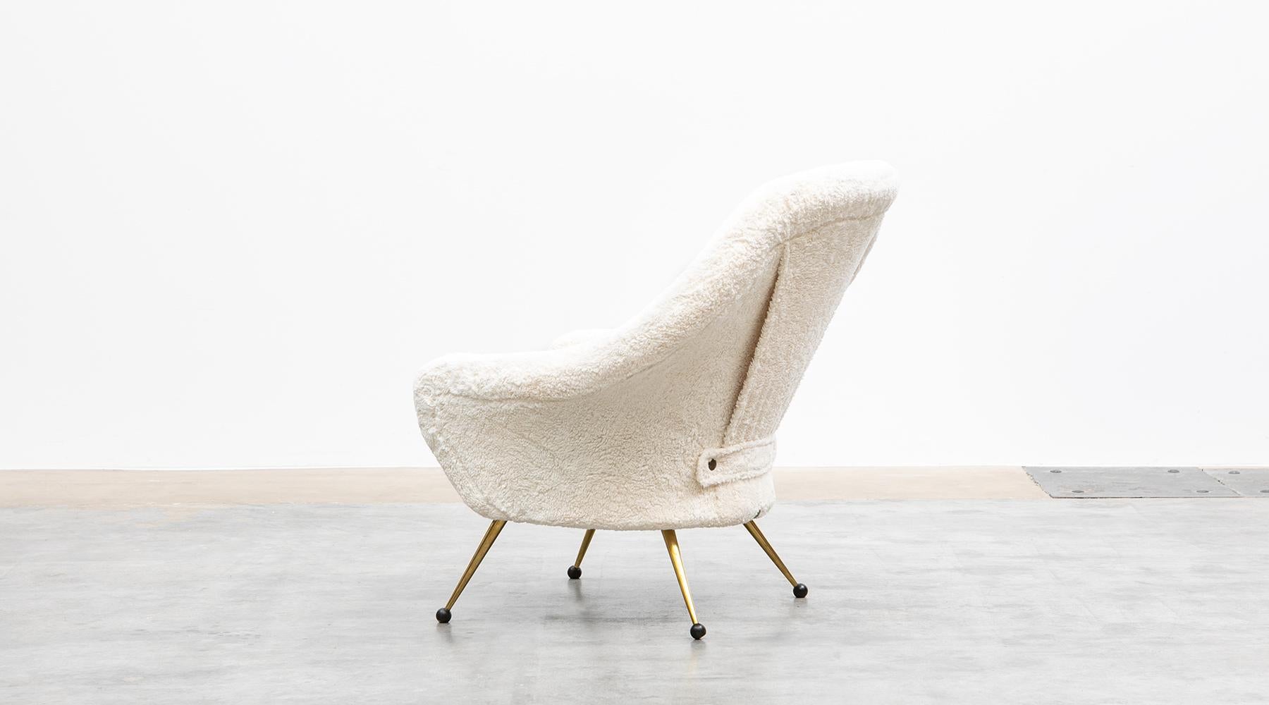 1950s White Faux Fur, Brass Legs Lounge Chairs by Marco Zanuso 1