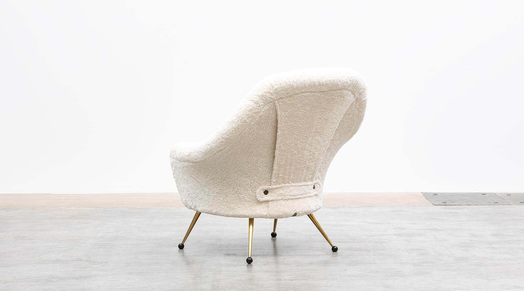 1950s White Faux Fur, Brass Legs Lounge Chairs by Marco Zanuso 2