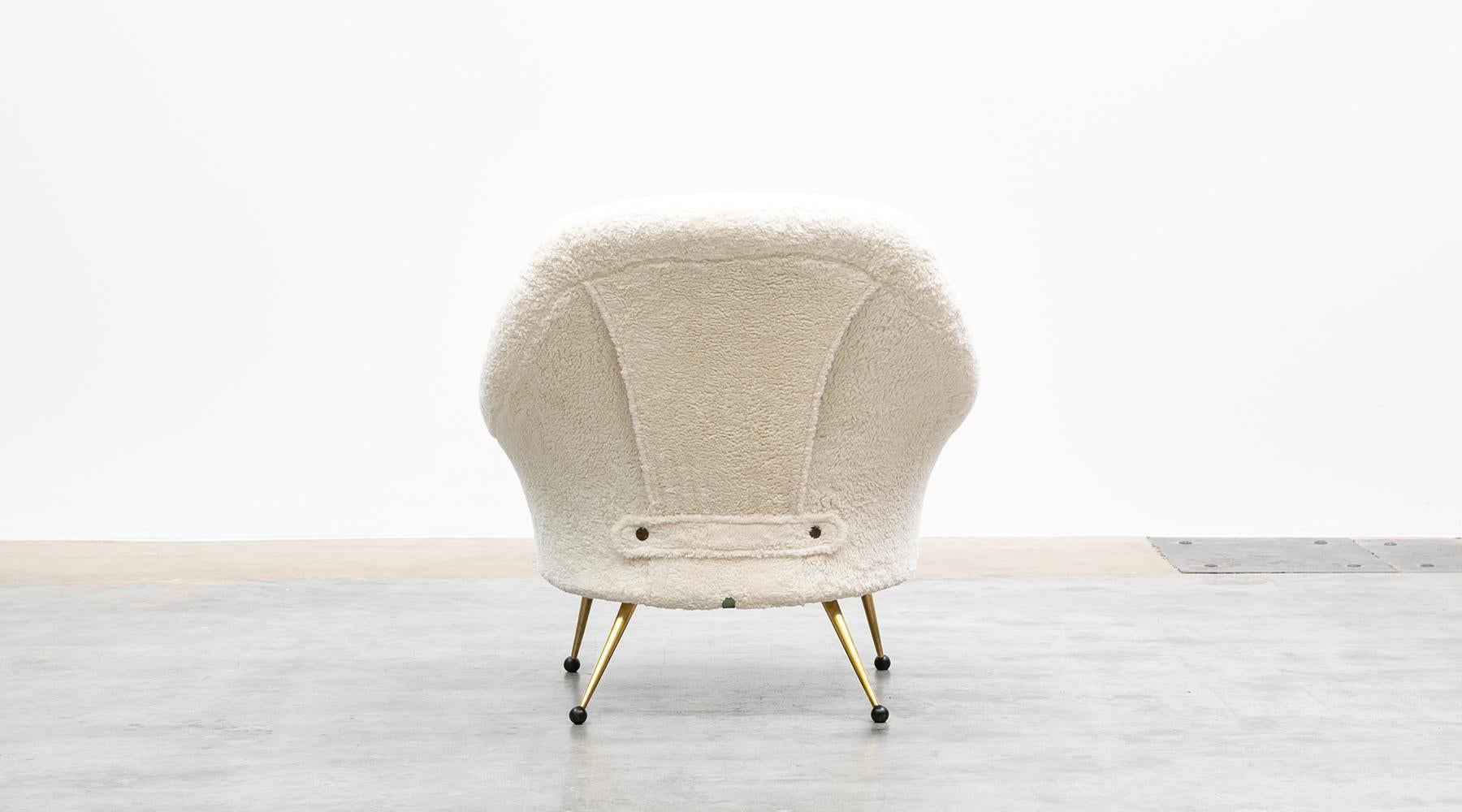 1950s White Faux Fur, Brass Legs Lounge Chairs by Marco Zanuso 3