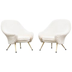 1950s White Faux Fur, Brass Legs Lounge Chairs by Marco Zanuso