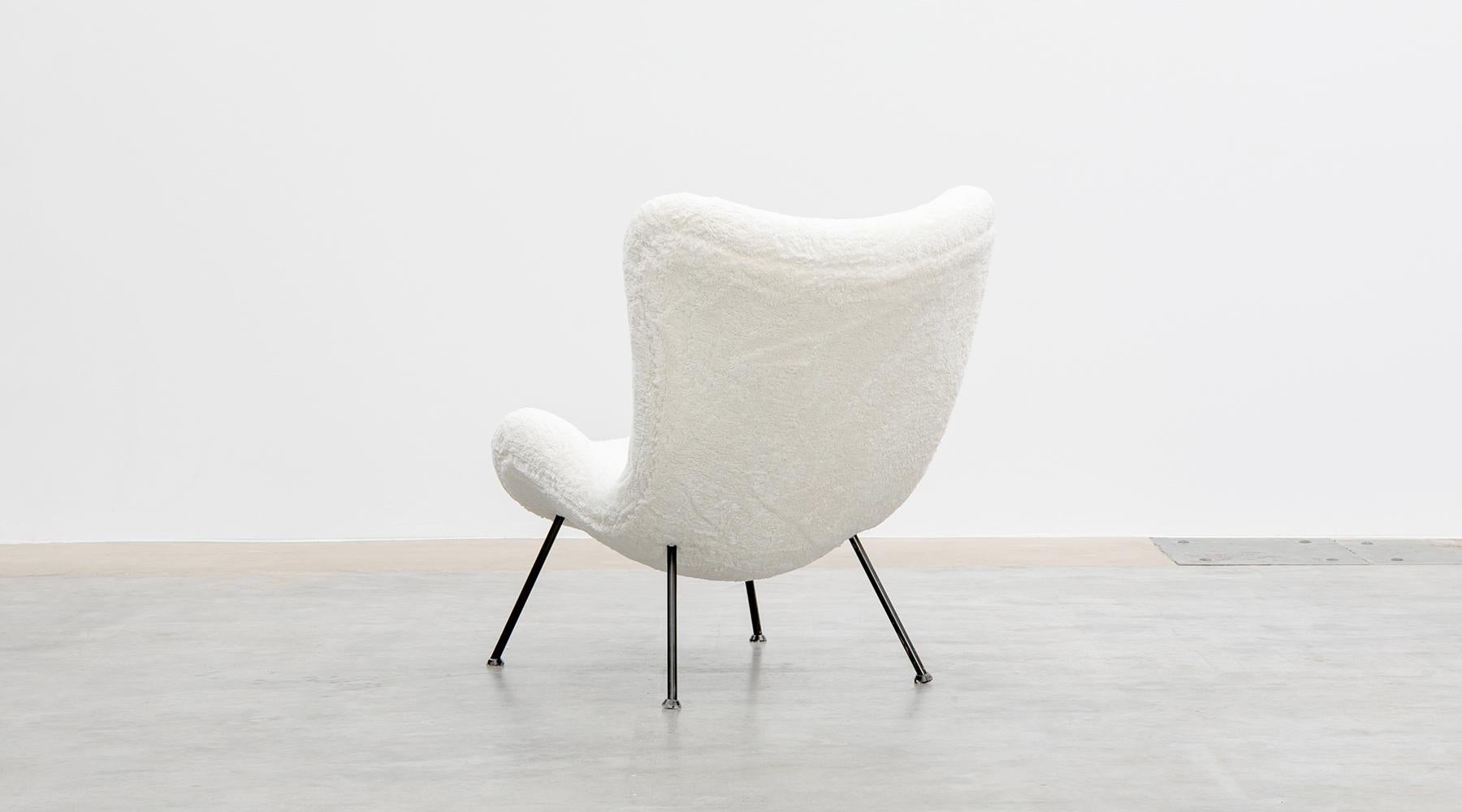 German 1950s White Faux Fur on Black Metal Legs Lounge Chair by Fritz Neth 'b' For Sale