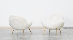 1950s White Faux Fur on Brass Legs Lounge Chairs by Fritz Neth