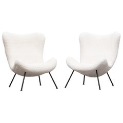 1950s White Faux Fur on Brass Legs Lounge Chairs by Fritz Neth
