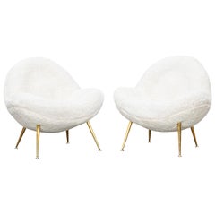 1950s White Faux Fur on Brass Legs Lounge Chairs by Fritz Neth