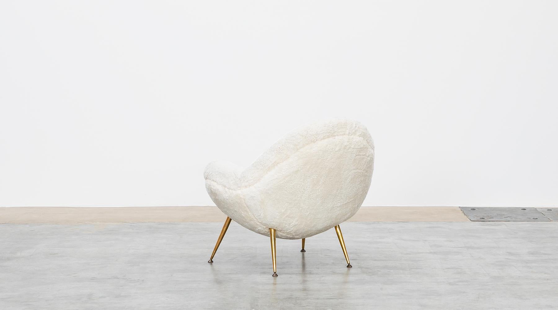 Mid-Century Modern 1950s White Faux Fur on Brass Legs Single Lounge Chair by Fritz Neth 'b' For Sale