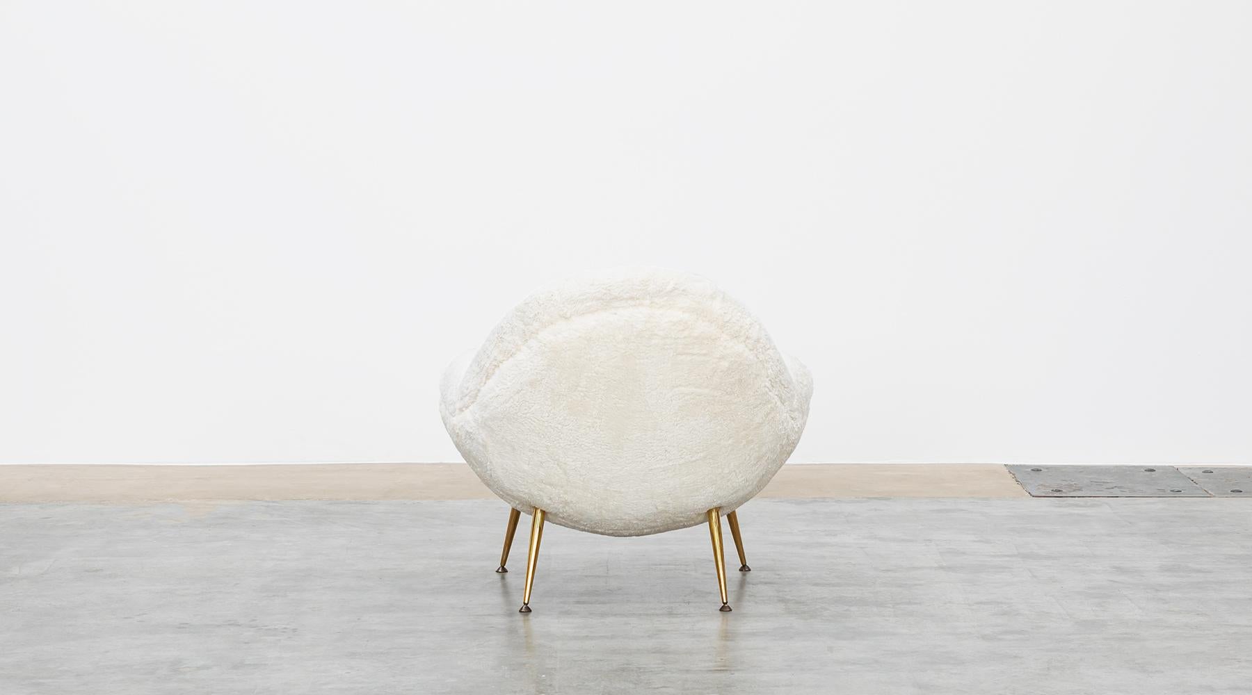 German 1950s White Faux Fur on Brass Legs Single Lounge Chair by Fritz Neth 'b' For Sale