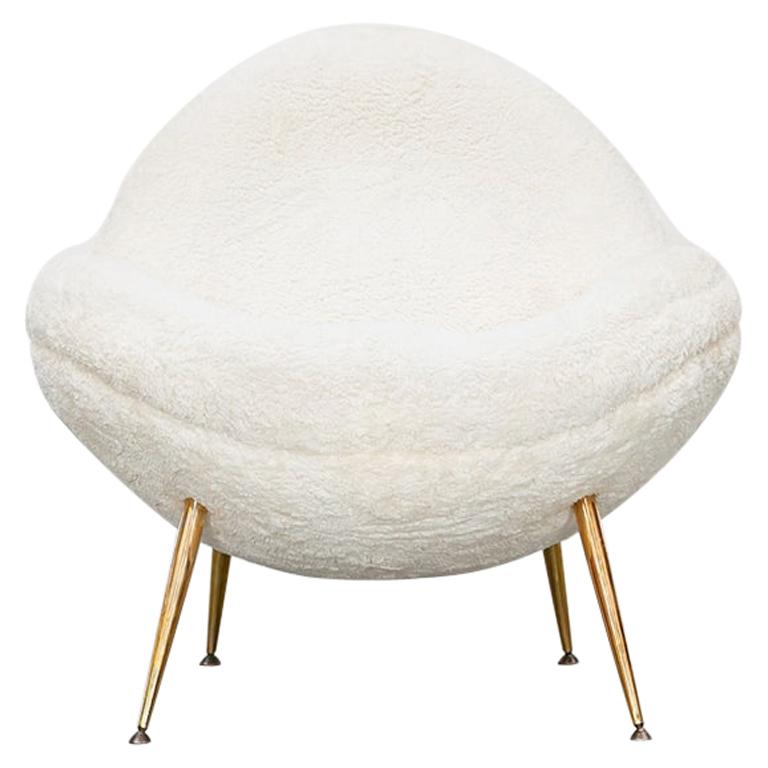 1950s White Faux Fur on Brass Legs Single Lounge Chair by Fritz Neth 'b' For Sale