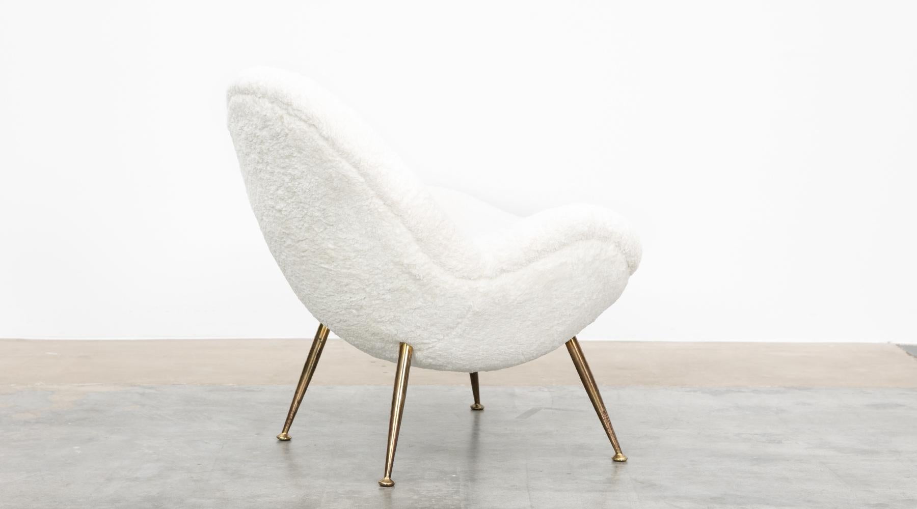 1950s White Faux Fur on Brass Legs Single Lounge Chair by Fritz Neth For Sale 1