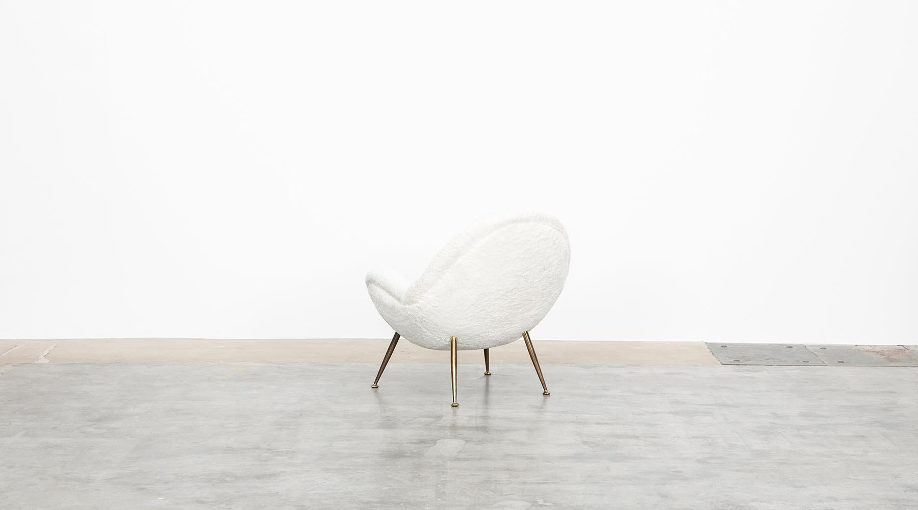 Mid-Century Modern 1950s White Faux Fur on Brass Legs Single Lounge Chair by Fritz Neth For Sale
