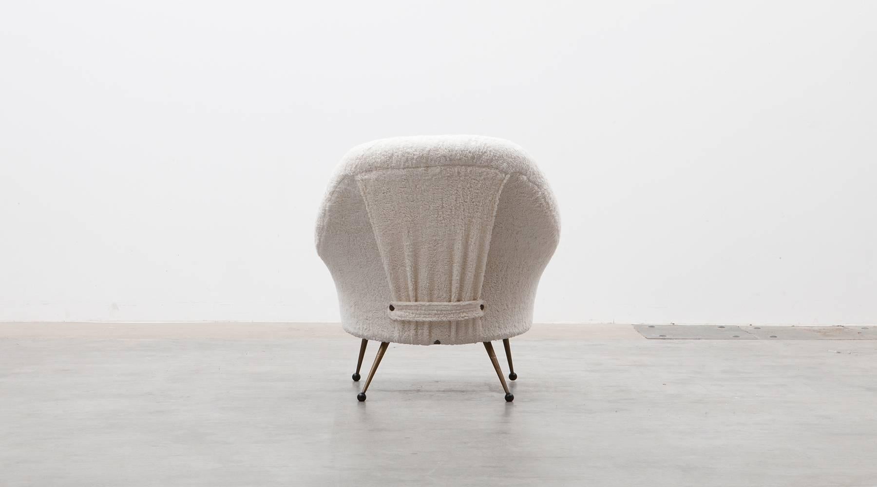 1950s White Faux Fur, Brass Legs Lounge Chairs by Marco Zanuso 4