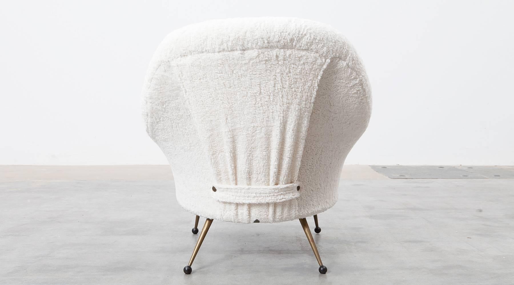 1950s White Faux Fur, Brass Legs Lounge Chairs by Marco Zanuso 5