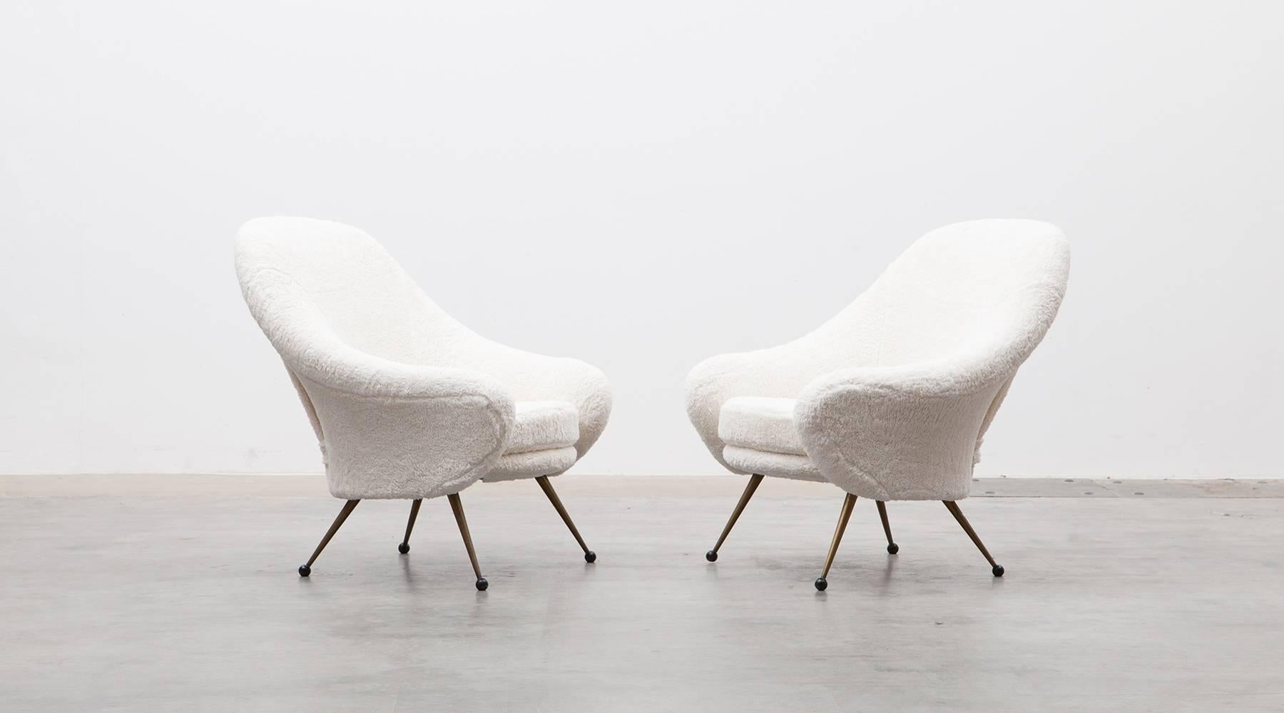 Mid-Century Modern 1950s White Faux Fur, Brass Legs Lounge Chairs by Marco Zanuso