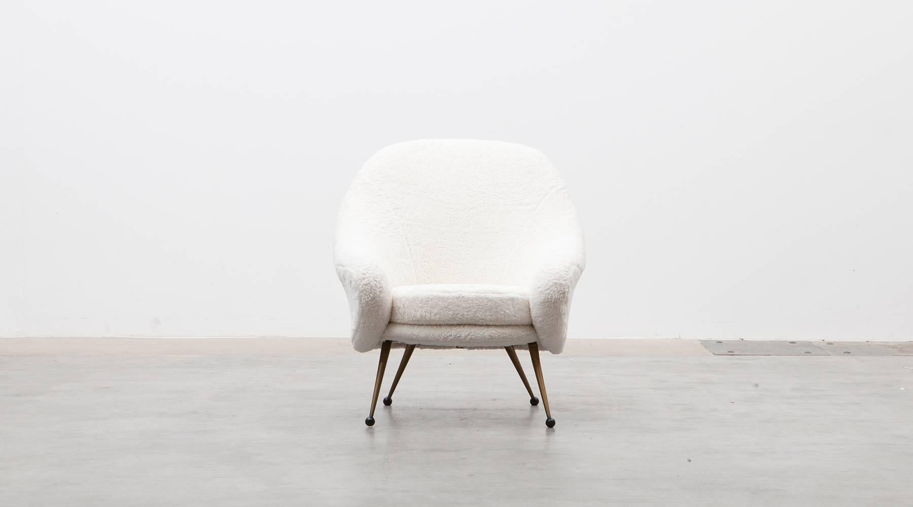Italian 1950s White Faux Fur, Brass Legs Lounge Chairs by Marco Zanuso