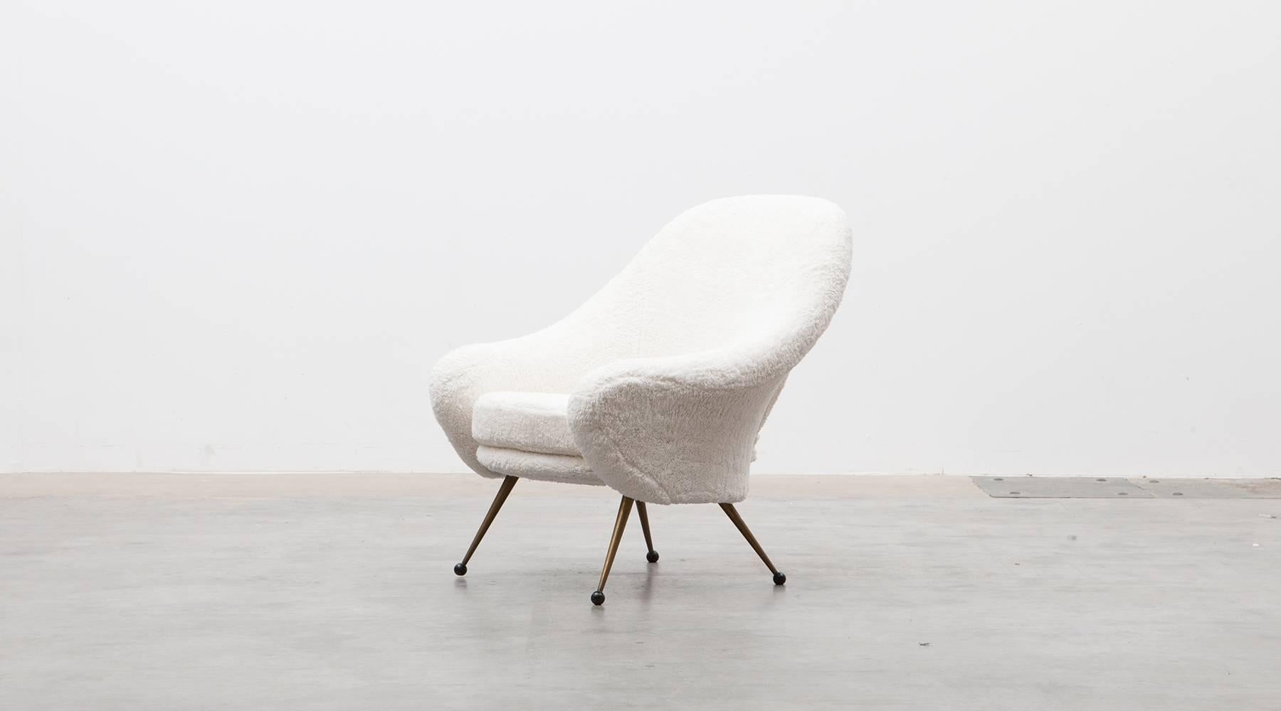 Mid-20th Century 1950s White Faux Fur, Brass Legs Lounge Chairs by Marco Zanuso