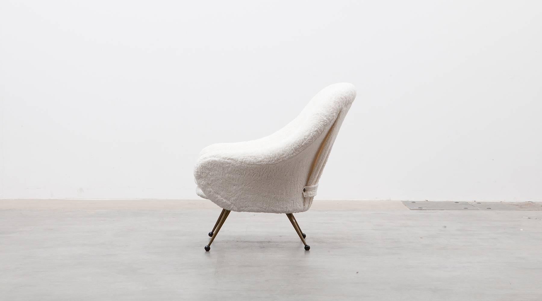 1950s White Faux Fur, Brass Legs Lounge Chairs by Marco Zanuso 1