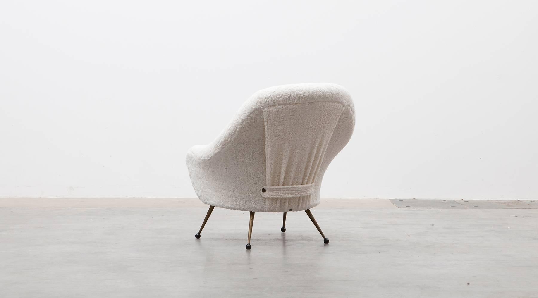 1950s White Faux Fur, Brass Legs Lounge Chairs by Marco Zanuso 3