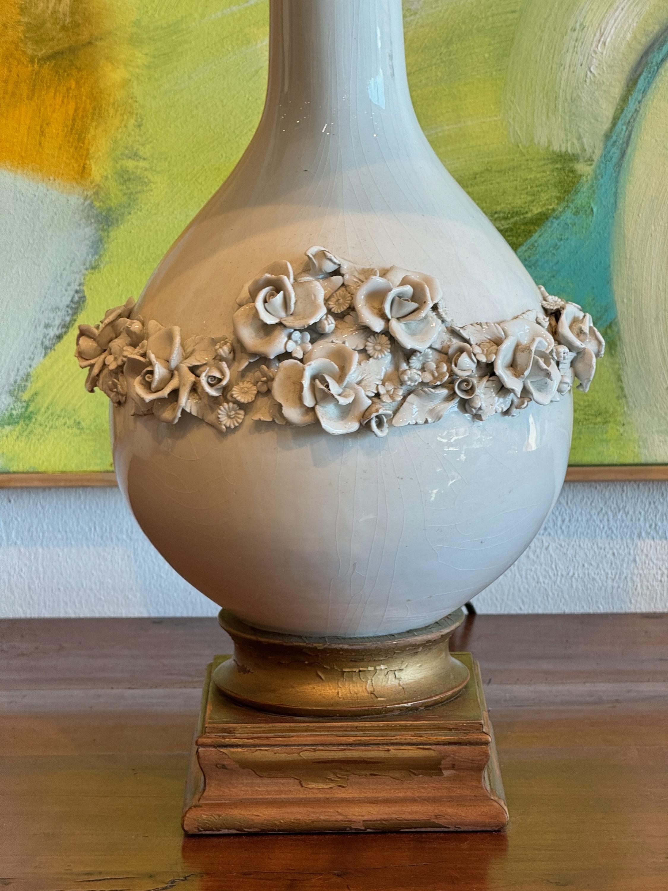 20th Century 1950s White Flowers Ceramic Lamp